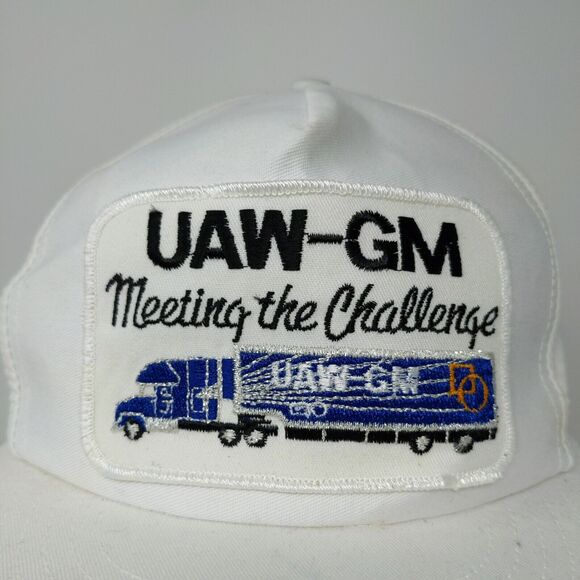 VINTAGE General Motors Hat White Strap Back Cap Trucker Patch Logo UAW GM 80s - Picture 4 of 11